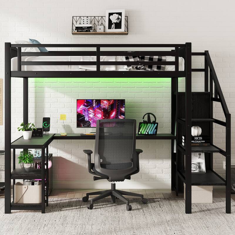 Metal Loft Bed with L Shaped Desk,USB,Wardrobe and LED Light - Full