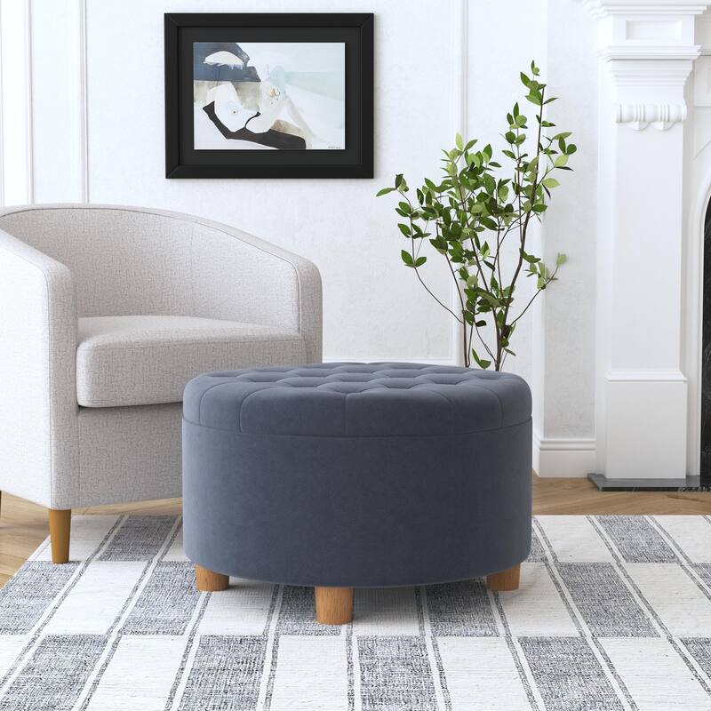 HomePop Button Tufted Round Storage Ottoman - Steel Blue Velvet