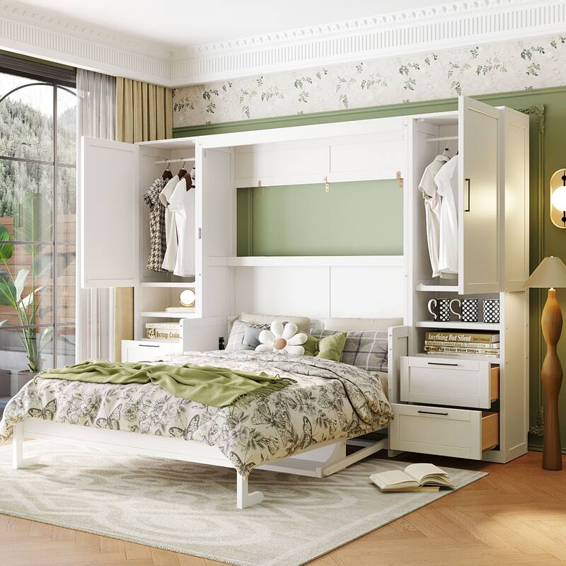 Foldable Bed Frame Wooden Murphy Bed Queen Size Wall Bed Cabinet with Wardrobe and Storage Drawers for Bedroom or Guest Room - White - Queen