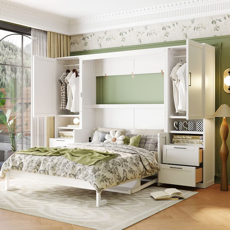 Queen Size Wall Bed with Closet, Drawers, and Shelves in White