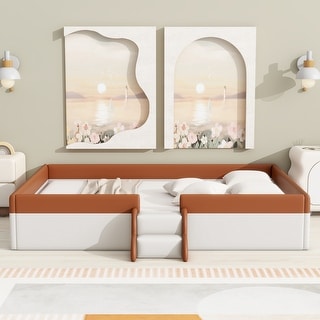 Queen Size Upholstered Bed Grounded Bed Slats Platform Bed with Safety Fence and Stairs, Rectangle Framework Easy Assembly