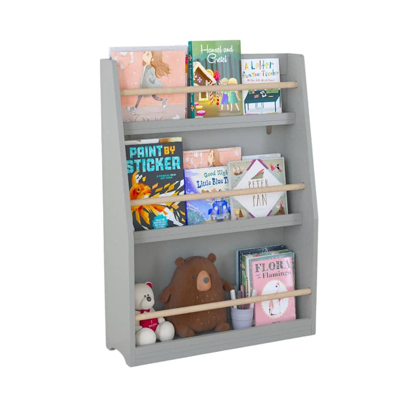 Anmytek 3-Tier Kids Wall Bookshelf with Slanted Front & Guardrails, Pastel Finish Wooden Display for Bedroom