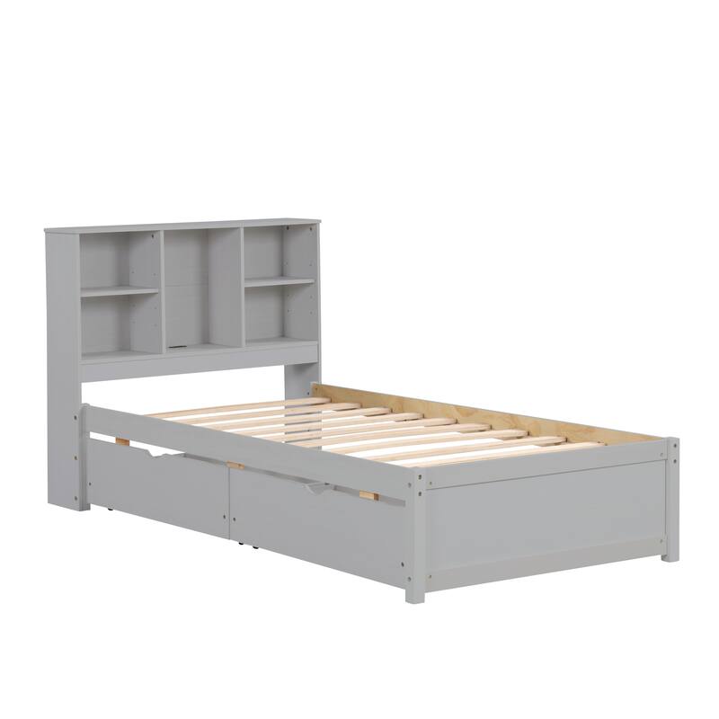 Modern Twin Size Bed Frame with USB Port, Bookcase Headboard, and 2 Drawers in Grey