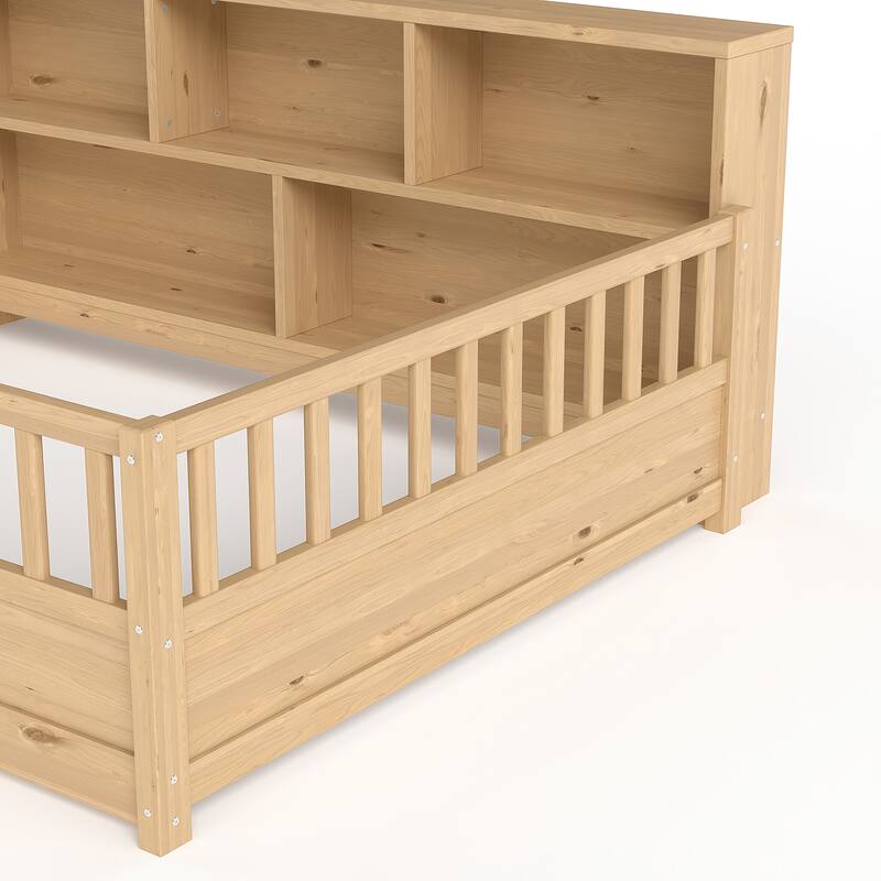 Wooden Floor Bed Frame with Fence Guardrail & Side Storage, Low Profile Kids Bed (Full/Twin)