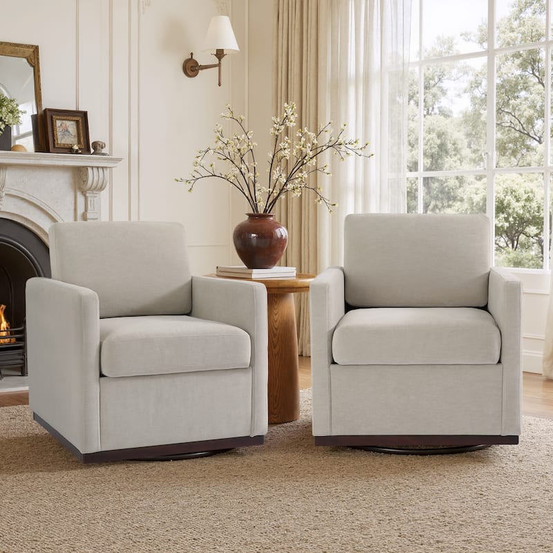 Set of 2 Modern Swivel Accent Armchairs Upholstered Arm Chairs - Chenille - Sand
