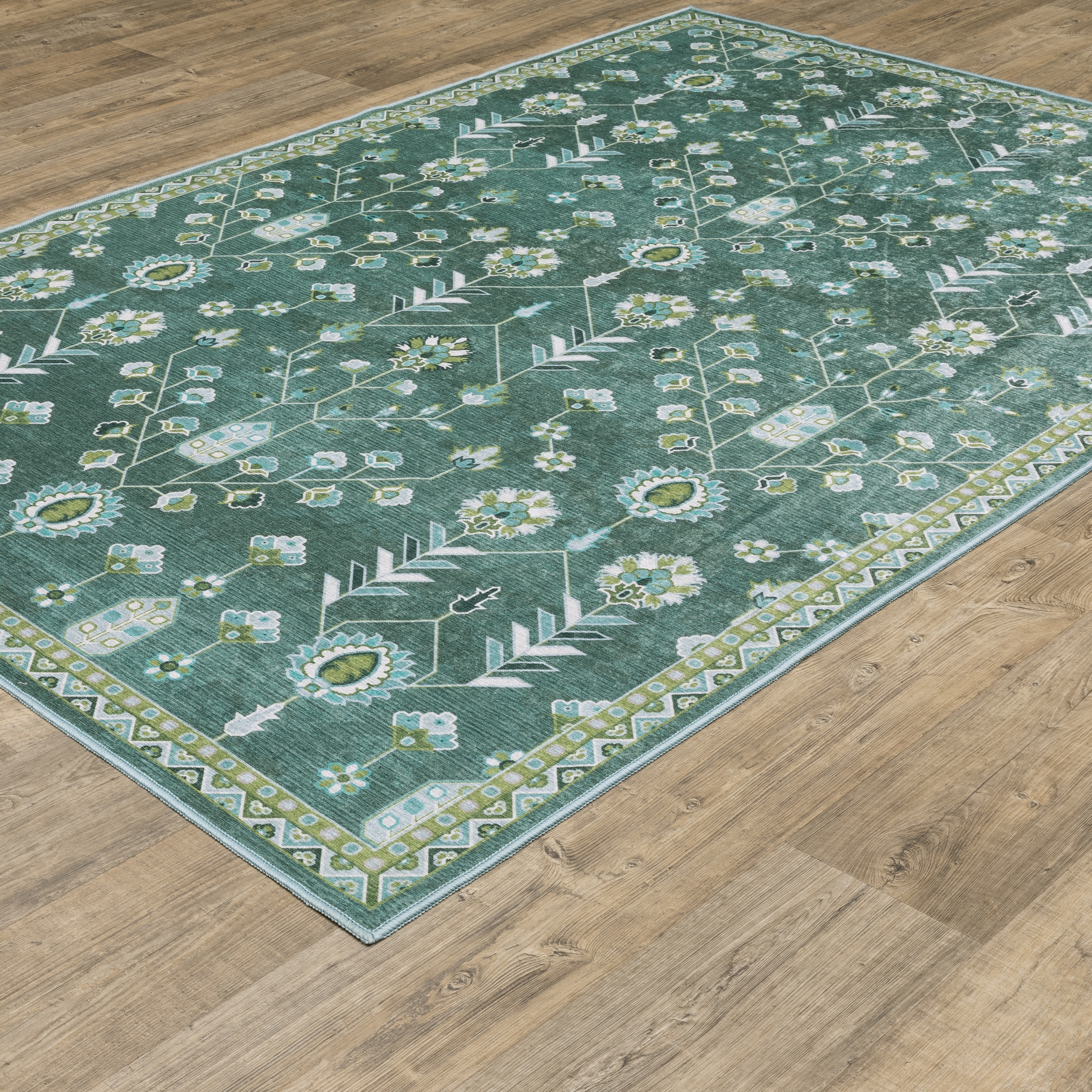 ROW Addison Vintage Traditional Teal/ Green Printed Washable Flat Pile Rug