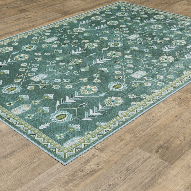 Ainsley Vintage Traditional Teal/ Green Printed Washable Flat Pile Area Rug