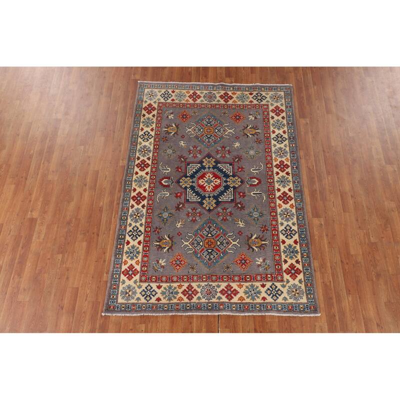 Gray Traditional / Geometric Kazak Rug Hand-Knotted Wool Carpet - 4'11" x 7'2"