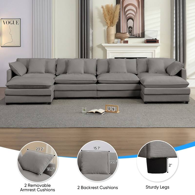 Mixoy 148''Oversized Modular Sectional Sofa, U-Shaped 6-Seater Chenille Upholstered Deep Seat Sofa with 2 Movable Ottomans - 4+2