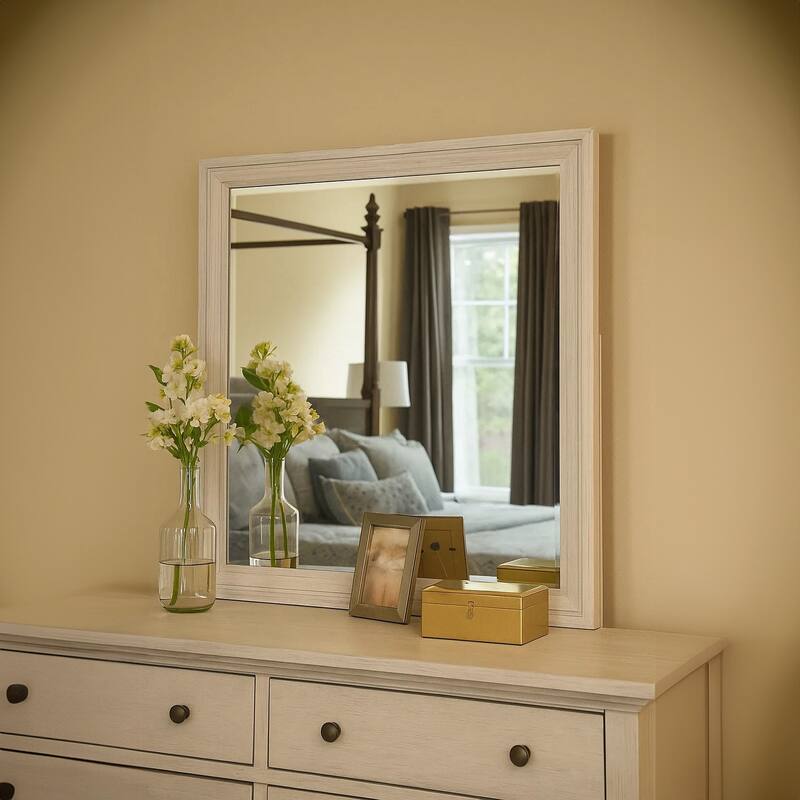 Basil Dresser Mirror, Beveled Glass, 38x44 Rustic White Solid Wood Frame