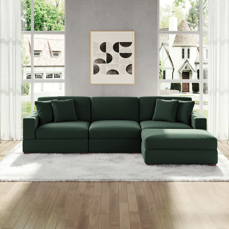 Modular Corduroy Sectional Sofa Set Chaise Couch with Ottoman - Hunter Green-4 Piece