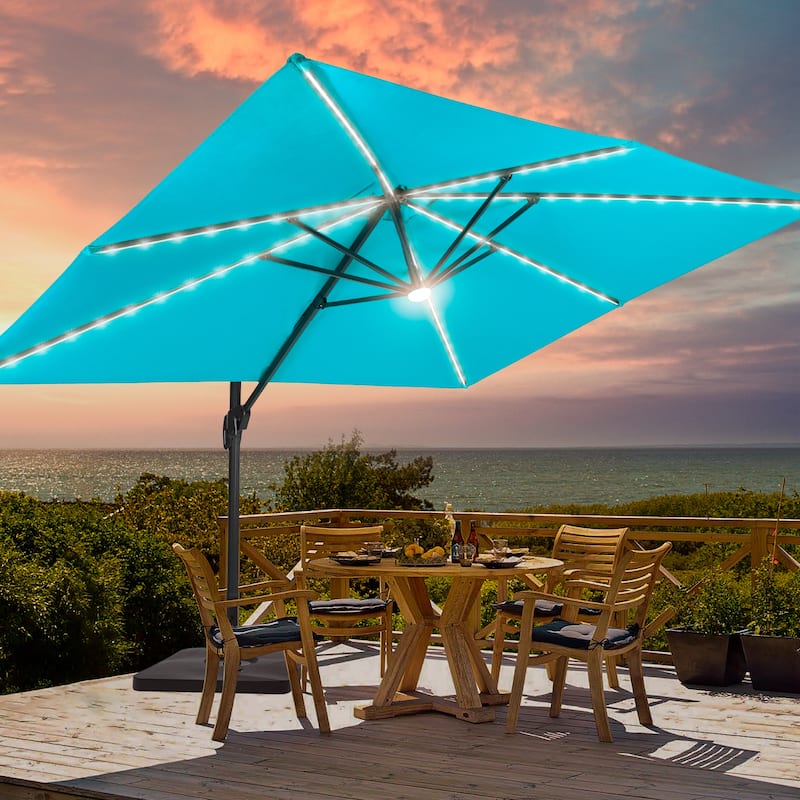 BONOSUKI 11.5x9FT LED Cantilever Patio Umbrella 360 Rotation w/Base - Lake Blue