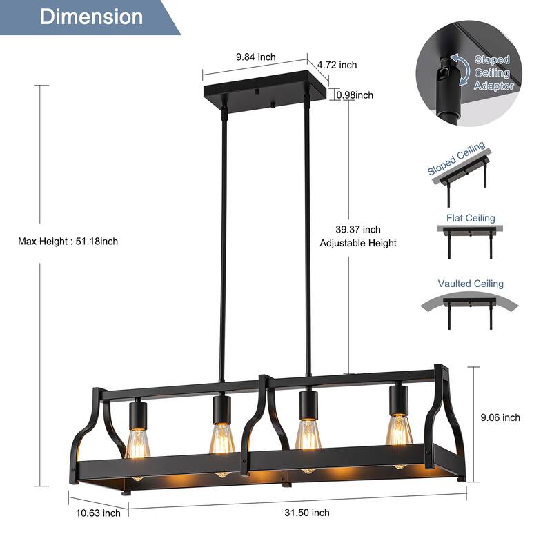 Starsky 4-Light Modern Farmhouse Black Chandelier Wooden Linear Kitchen Island Light