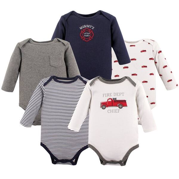 slide 1 of 1, Hudson Baby Infant Boy Cotton Long-Sleeve Bodysuits 5pk, Fire Truck 0-3 Months - Fire Truck 5-Pack