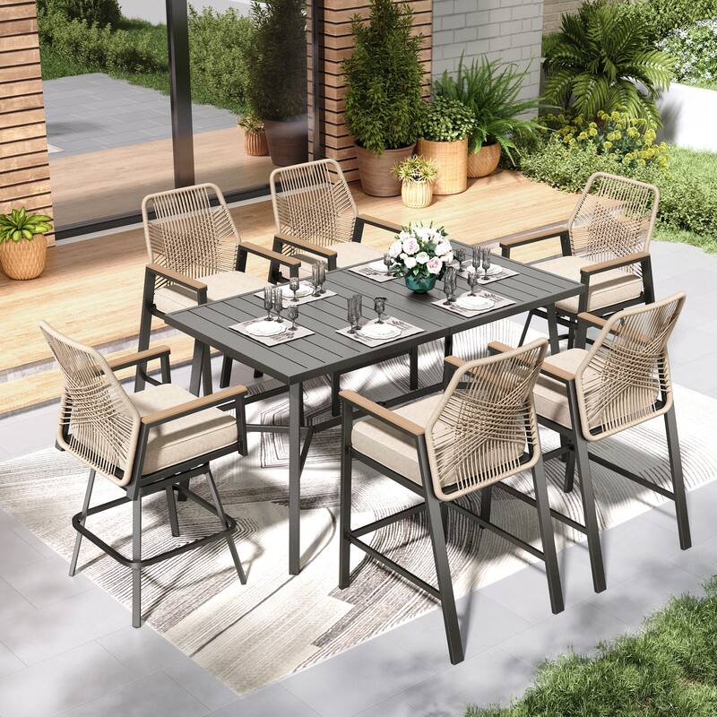 7-Piece Outdoor Patio Wicker Bar Counter Height Stool Set with Back and Cushion