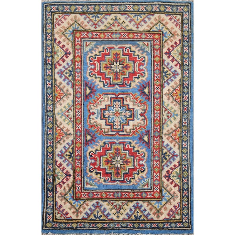 Geometric Blue Kazak Oriental Accent Rug Hand-Knotted Wool Carpet - 2'1"x 2'10"