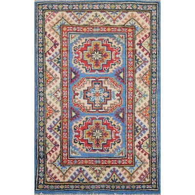 Geometric Blue Kazak Oriental Accent Rug Hand-Knotted Wool Carpet - 2'1"x 2'10"