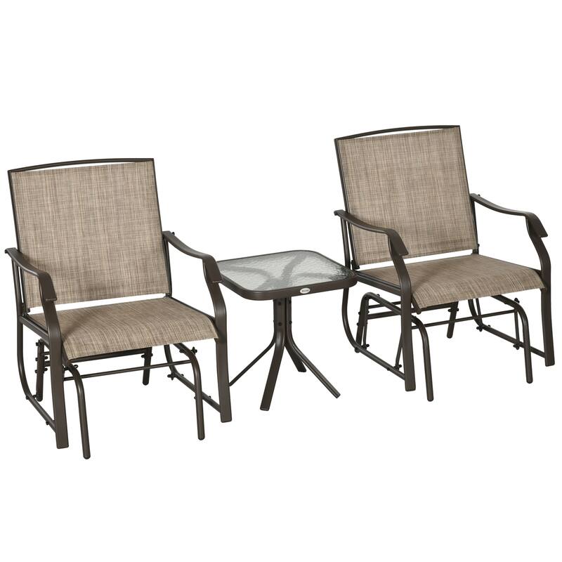 3-Piece Outdoor Rocking Glider Set with Glass Side Table, Cream White Patio Chairs with Breathable Mesh and Steel Frame
