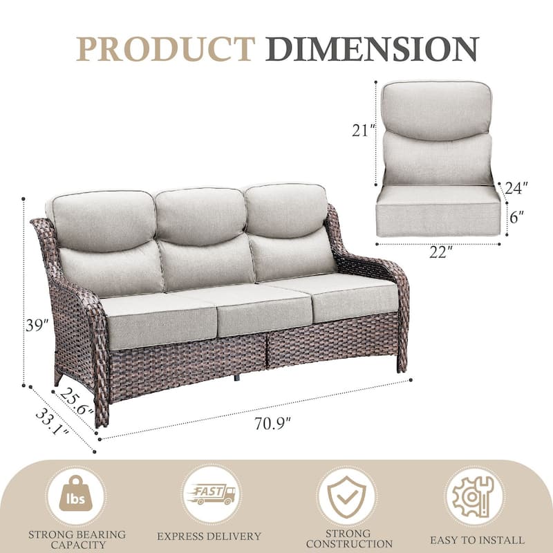 Arcadia 3-Seat Handwoven Wicker Patio Sofa with 6-Inch Thick Cushions