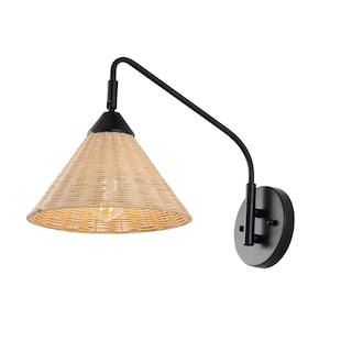 Lily 11" 1-Light Vintage Coastal Rattan/Metal Swing Arm LED Sconce, Black/Natural, by JONATHAN Y