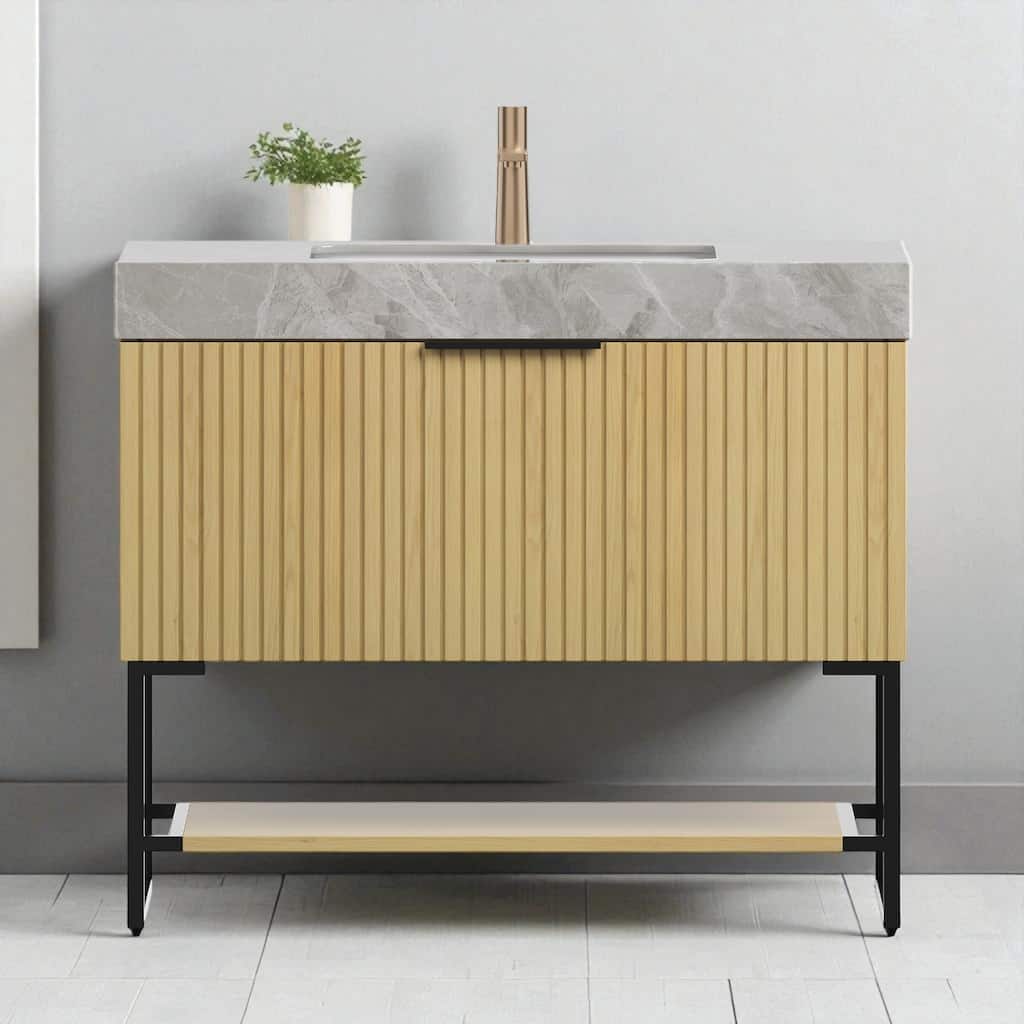 36" Freestanding Bathroom Vanity with Undermount Ceramic Sink Sintered Stone Top Drawer and Open Shelf