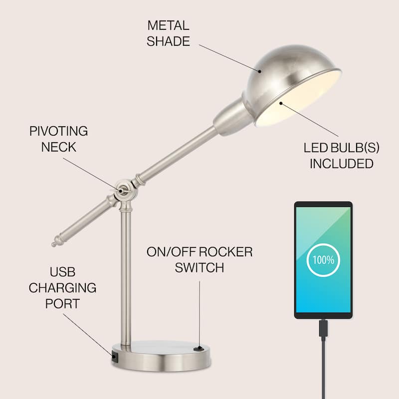 Allegra 20.25" Vintage Industrial Iron Adjustable Dome Shade LED Task Lamp with USB Charging Port, by JONATHAN Y