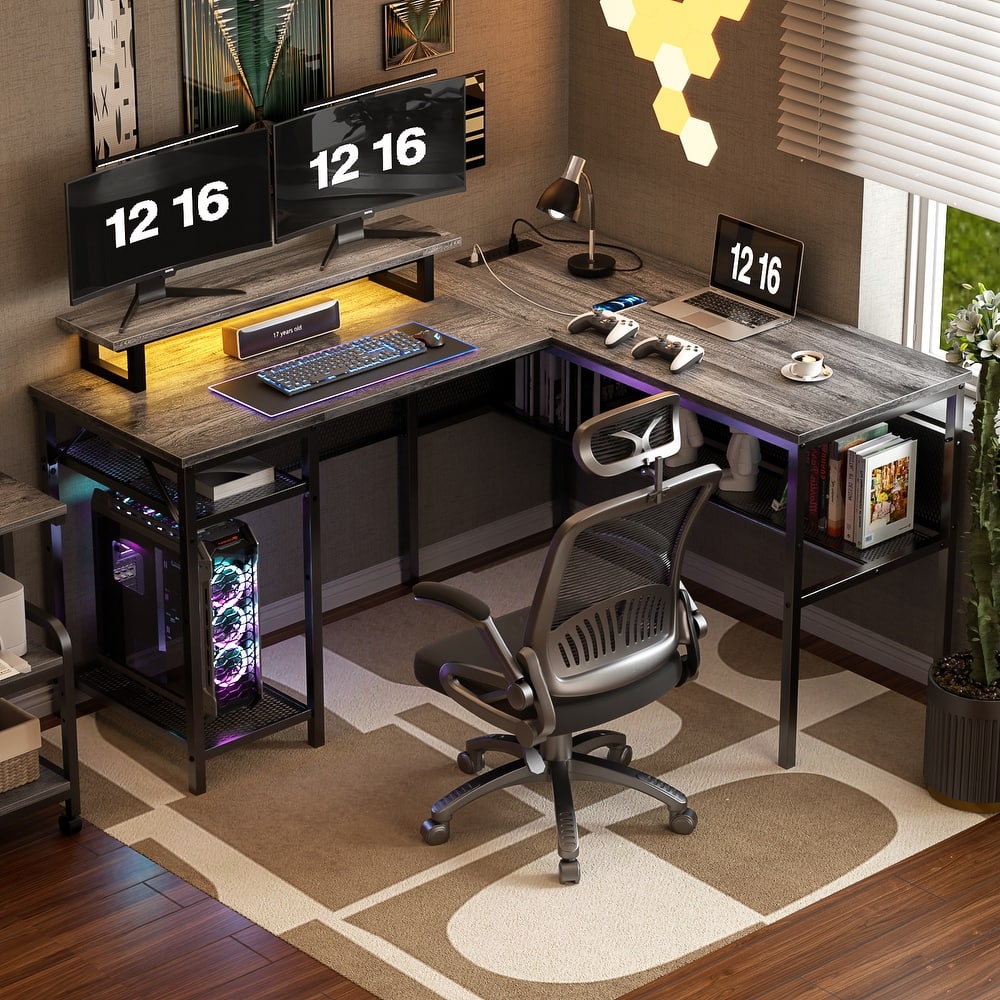 Computer Desk L-shaped Desk with Power Outlets and RGB LED and Monitor Stand