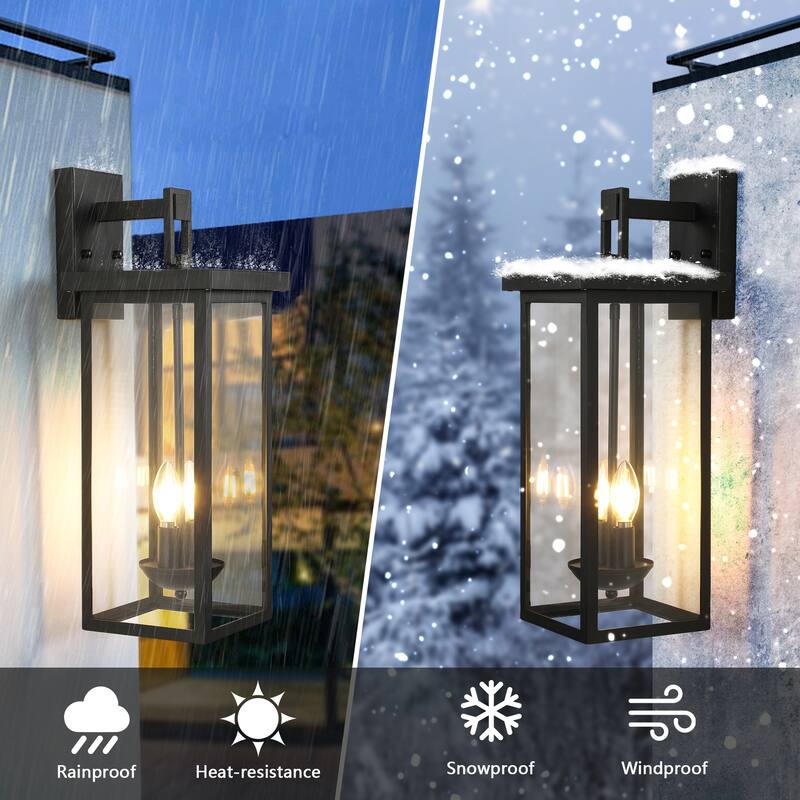 2-Pack 22.0" Outdoor Wall Lantern with Dusk to Dawn Sensor, Matte Black Finish, Clear Glass Panels, Weatherproof
