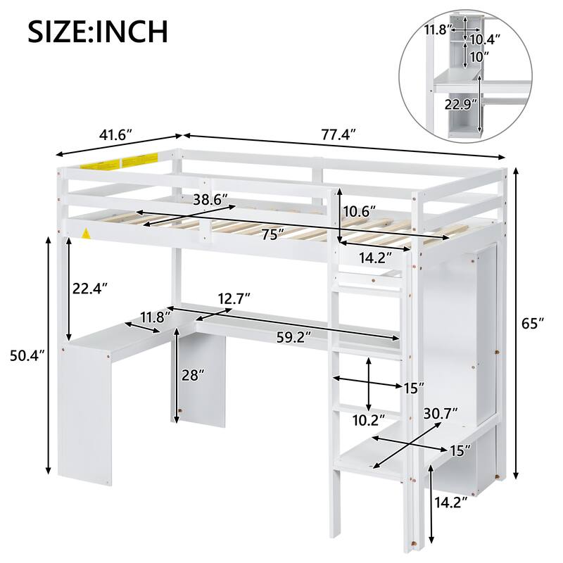 Twin Size Loft Bed with L-Shaped Desk, Wardrobe, Storage Shelves & Full-Length Guardrails, No Box Spring Needed