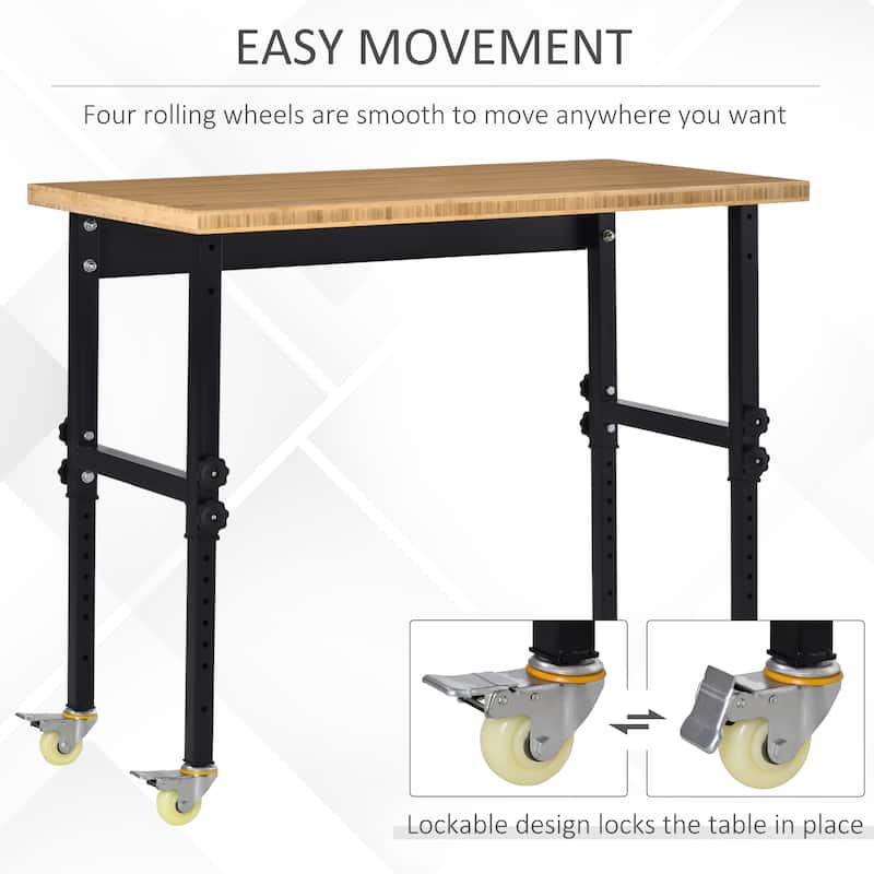 HOMCOM 47" Mobile Project Workbench Station with Height Adjustable Legs and Bamboo Tabletop, Black/Natural