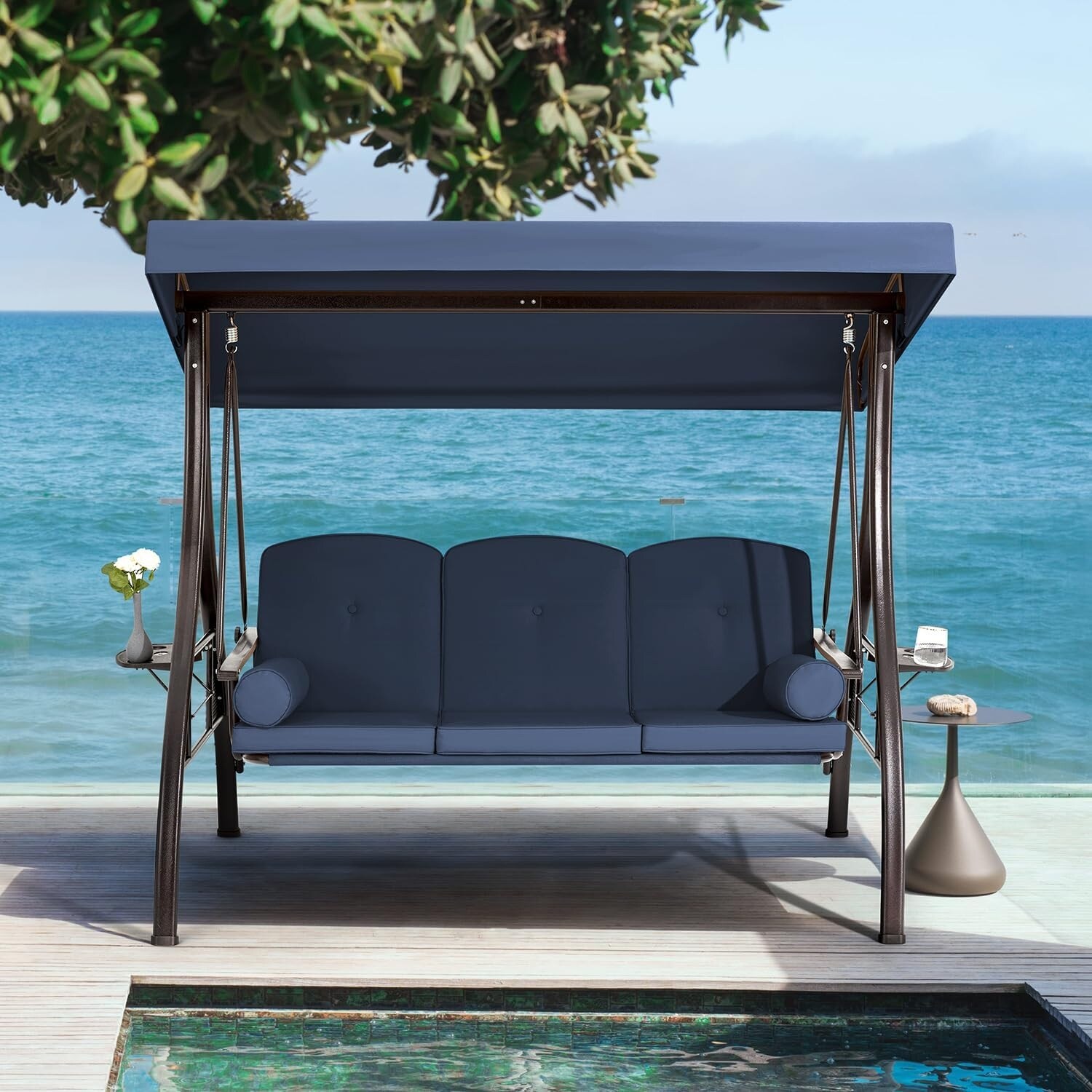 3 Seat Outdoor Porch Swing with Adjustable Canopy Cup Holder Convertible Patio Glider with Thick Cushions Pillow