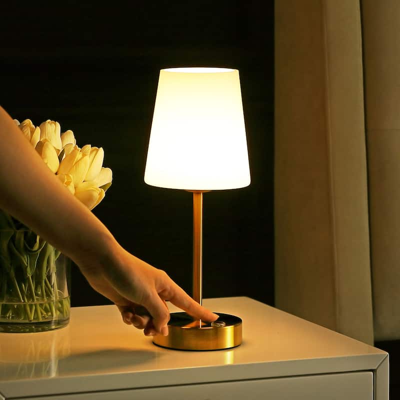 Eli 12.75" Modern Minimalist Iron Wireless Rechargeable Integrated LED Table Lamp, Nickel/White by JONATHAN Y