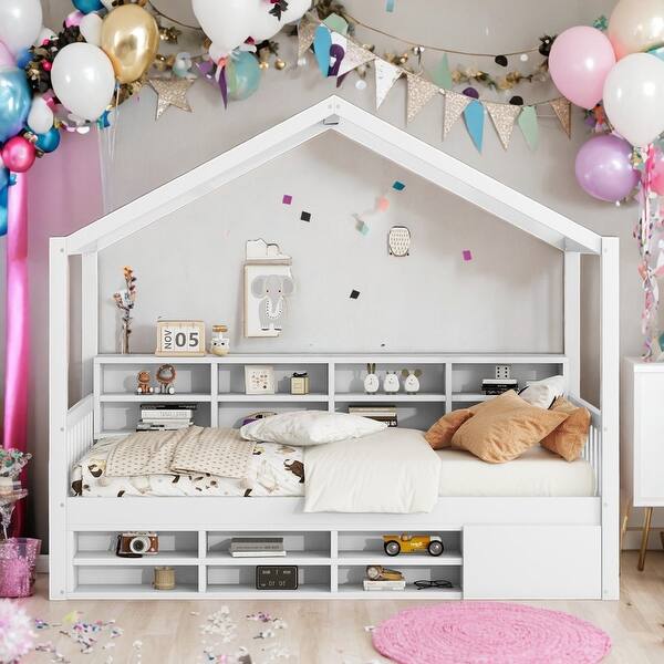 slide 2 of 10, Twin Size Wooden House Bed Platform Bed With Shelves And a Mini-cabinet,Solid Construction For Bedroom White