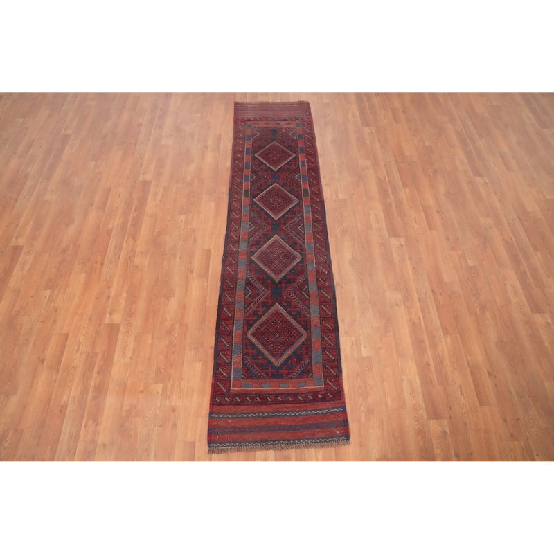 Hand Knotted Oriental 100% Wool Carpet Traditional Tribal Navy Blue & Blues Balouch Runner Rug - 7' 10'' X 1' 11''