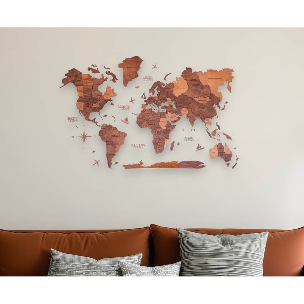 HomeRoots 24" X 39" Brown and Tan Wood World Map Hanging Dimensional Sculpture