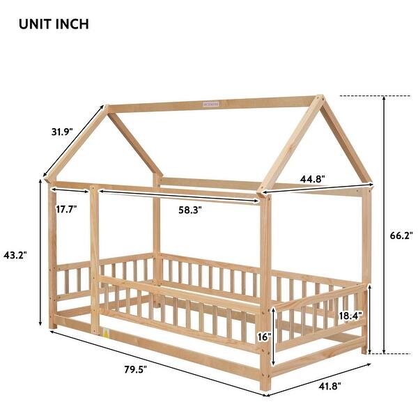 Natural Twin Size Wooden Floor Bed with House Roof Frame, Fence Guardrails for Kids, Bedroom