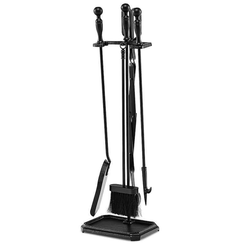 5-Piece Black Iron Fireplace Tool Set with Stand, Poker Tong Brush and Shovel for Home - 9" x 6.5" x 28"