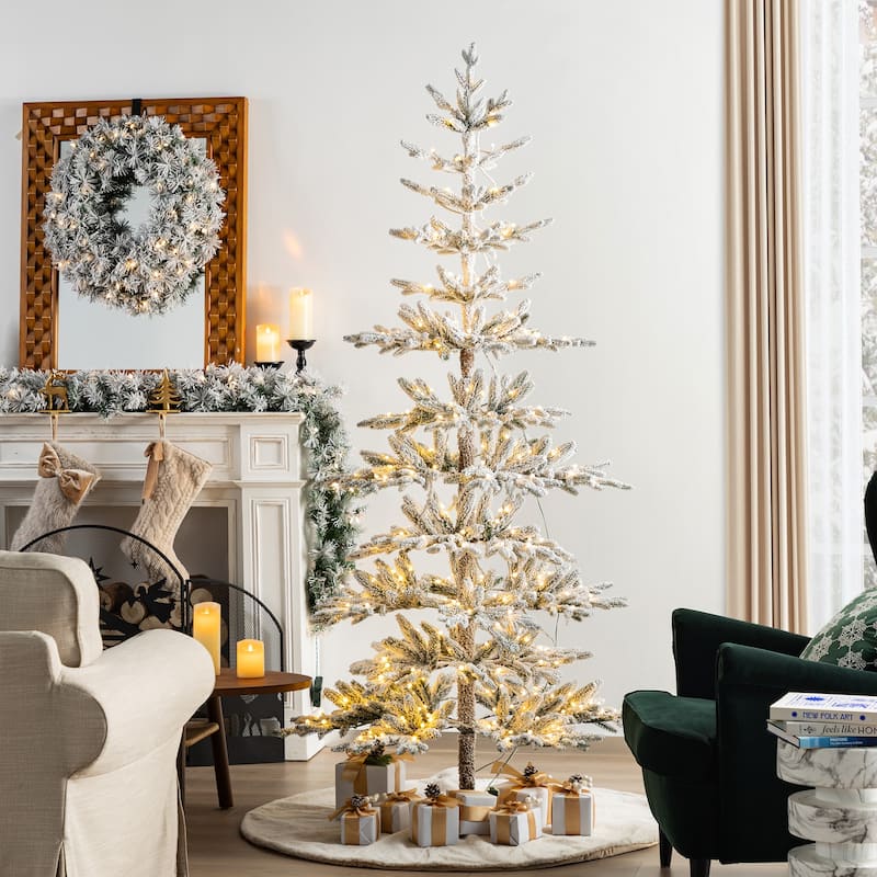 Glitzhome Modern 7' Pre-Lit Slim Flocked Fir Artificial Christmas Tree with 400 Warm White Lights