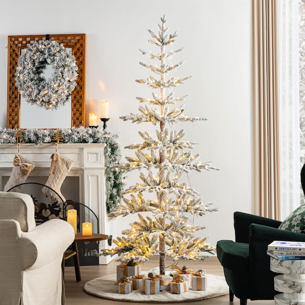 Glitzhome Modern 7' Pre-Lit Slim Flocked Fir Artificial Christmas Tree with 400 Warm White Lights