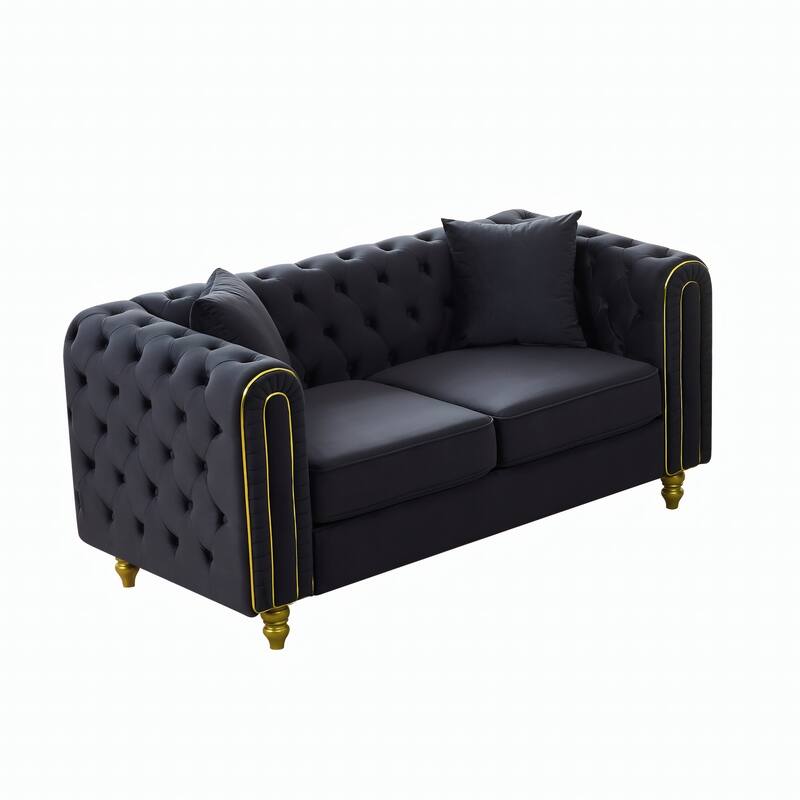 Roomfitters 63" Modern Upholstered Chesterfield Loveseat with Gold Trim, Button Back 2-Seater Couch for Small Spaces