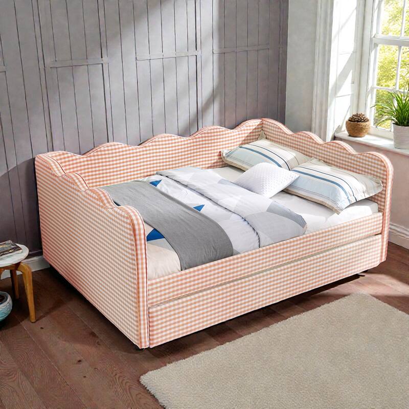 Full Size Gingham Daybed with Twin Trundle, Linen Sofa Bed with USB Port and Wave Shaped Design