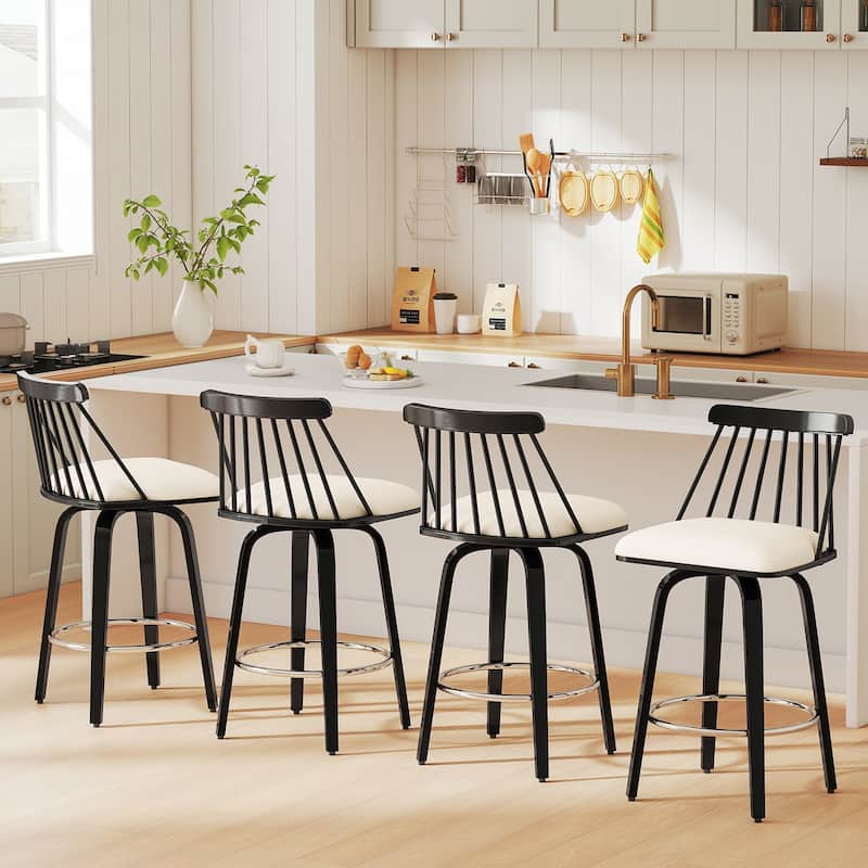 Mid-century Spindle Back Swivel Counter Height Bar Stools - 37.2"H x 18.9"W x 18.9"D - Set of 4 - White