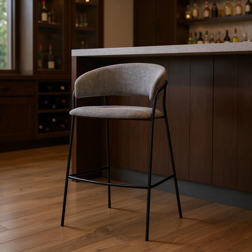 HomeRoots 30" Gray and Black Fabric and Metal Bar Height Bar Chair