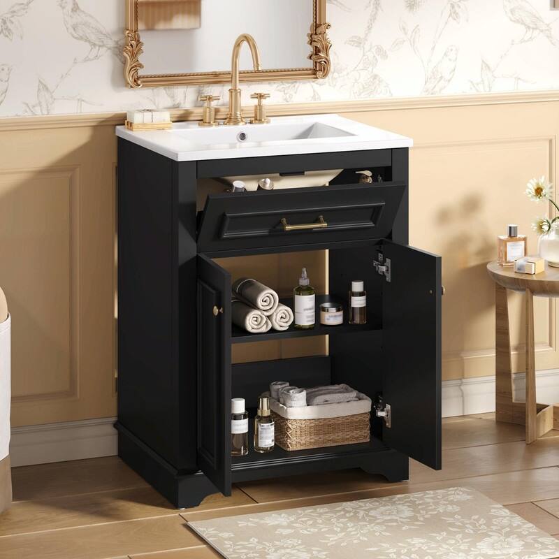 24" Bathroom Vanity with Integrated Ceramic Sink, Cabinet with 2 Doors and 1 Tip-Out Drawer, Single Sink Vanity