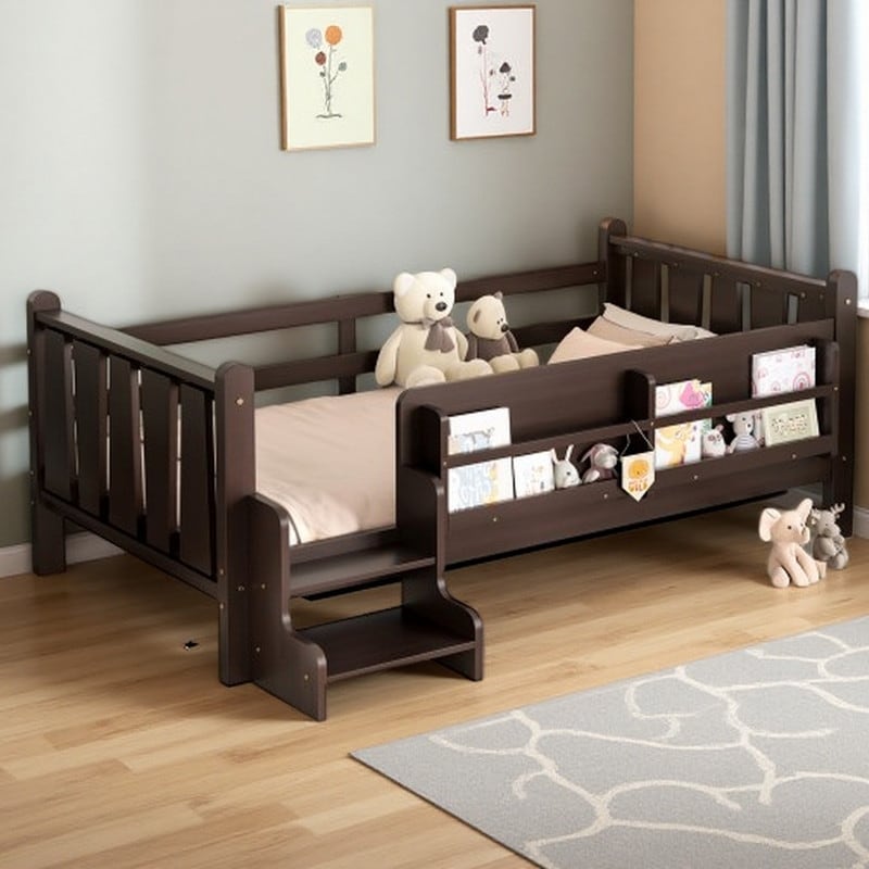 Solid Wood Kids Floor Bed with Built-In Bookcase Storage & Stair Access, Solid Wood Platform Bed Frame with Full Guardrails