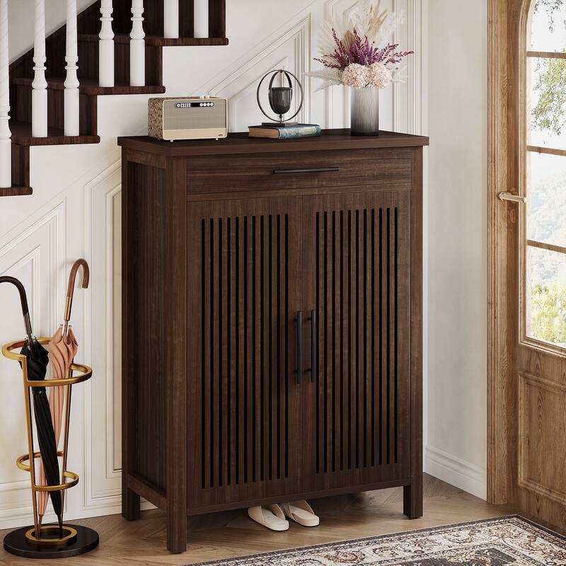 Shoe Cabinet with Louvered Doors & Drawer, Freestanding Wooden Shoe Rack for Entryway