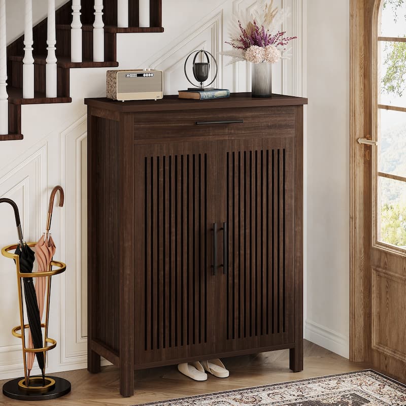 Shoe Storage Cabinet with Louvered Doors & Drawer, Wooden Shoe Rack for Closet, Entryway