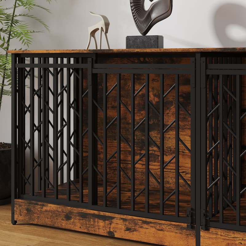 Large Double Dog Crate Furniture for Medium and Large Dogs, Rustic Industrial Dog Kennel End Table