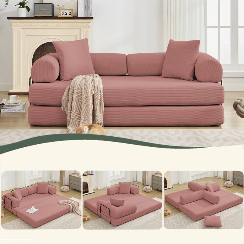 Folding Couch Convertible into King Size Floor Bed, 4-in-1 Corduroy Sleeper Sofa Bed with Moved Armrests and Non-Slip Pad - Pink