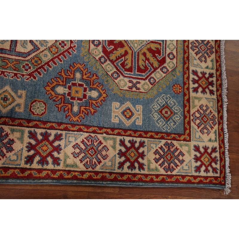 Blue Geometric Kazak Foyer Rug Hand-Knotted Wool Carpet - 3'5" x 4'11"
